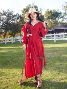 Red Bohemian V Neck Ruffled Lace High Waist Boho Maxi Dress