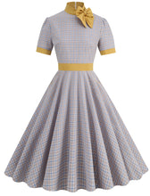 Load image into Gallery viewer, 1950s Bow Collar Plaid Vintage Swing Dress