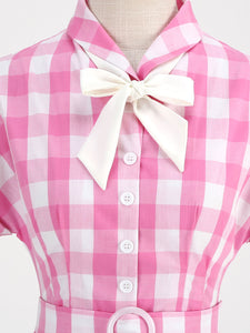 Pink And White Plaid Bow Collar Barbie Same Style 1950S Vintage Dress