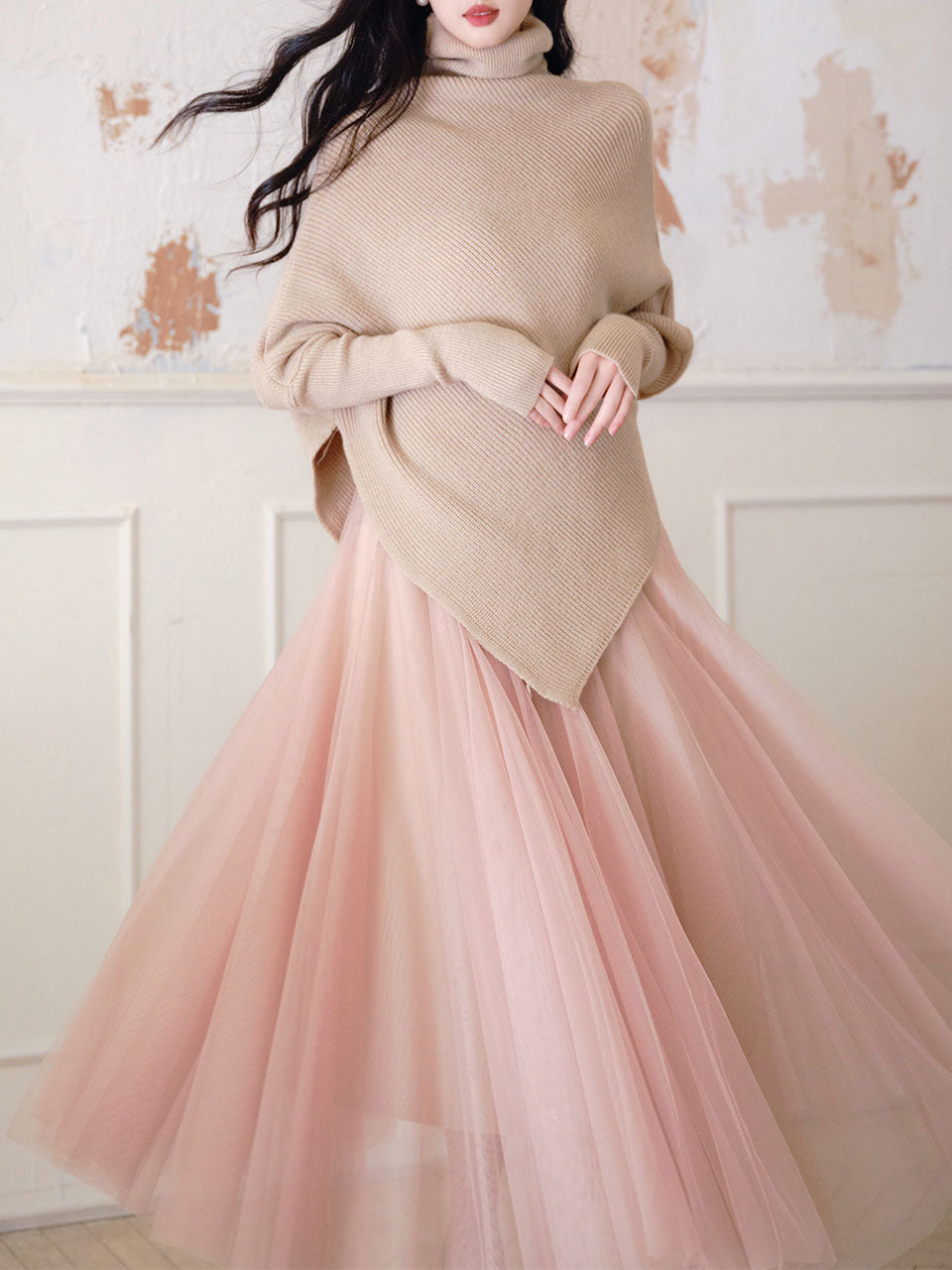 2 Piece Retro Irregular Bat Sleeve Cape Sweater and Pink Mesh Skirt Set