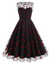 Load image into Gallery viewer, Black Semi Mesh Sweet Heart Embroidered Sleeveless 50S Swing Dress