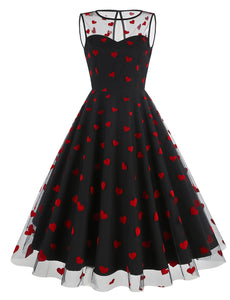 Black Semi Mesh Sweet Heart Embroidered Sleeveless 50S Swing Dress