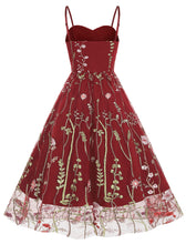 Load image into Gallery viewer, Wine Red Semi Mesh Flower Embroidered Spaghetti Strap Sleeveless 50S Swing Dress