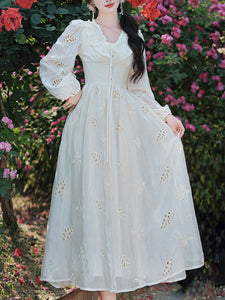 White V Neck Long Sleeved Embroidered Hollow Cotton Dress