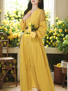 Yellow V-neck Boho Embroidered Bohemian Dress