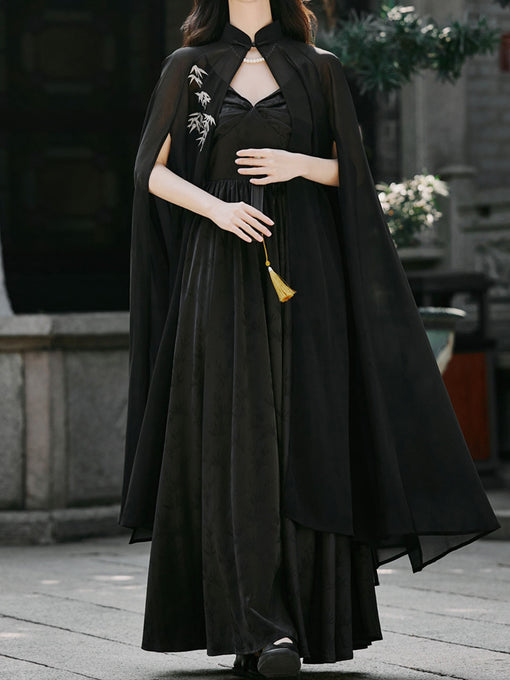 Black Suspender Deep V-neck Satin Backless Maxi Dress Prom Dress With Cape