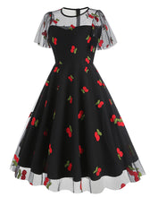 Load image into Gallery viewer, Black Semi Mesh Cherry Embroidered Short Sleevele 50S Swing Dress