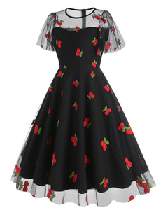 Black Semi Mesh Cherry Embroidered Short Sleevele 50S Swing Dress