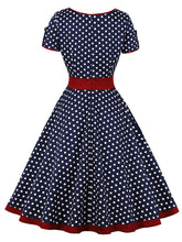 Load image into Gallery viewer, White Polka Dots  Square Collar Puff Sleeve 1950S Vintage Swing Dress