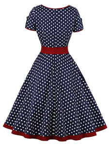 White Polka Dots  Square Collar Puff Sleeve 1950S Vintage Swing Dress