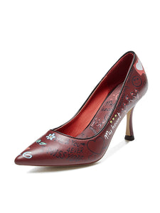 Wine Red Graffiti Print Stiletto Heel Vinatge Shoes