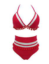 Load image into Gallery viewer, Red Halter High Waist Bikini Fringed Fur Ball Swimsuit Two Pieces Bikini Sets