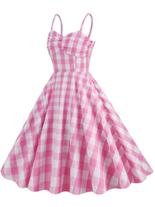Pink And White Plaid Strap Classis Style Barbie Same Style 1950S Vintage Dress Set