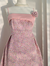 Load image into Gallery viewer, Pink Camellia Flower Spaghetti Strap Tweed Party Dress