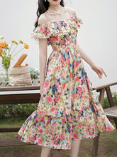 Load image into Gallery viewer, Off The Shoulder Floral Print Ruffles Vintage 1950S Dress