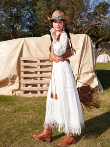 Bohemian White Long-sleeved Cotton Tassel Maxi Dress with Suede Embroidered Vest Boho Suit