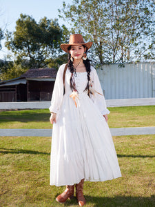 Bohemian White Long-sleeved Cotton Maxi Dress with Suede Embroidered Vest Boho Suit