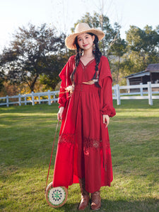 Red Bohemian V Neck Ruffled Lace High Waist Boho Maxi Dress