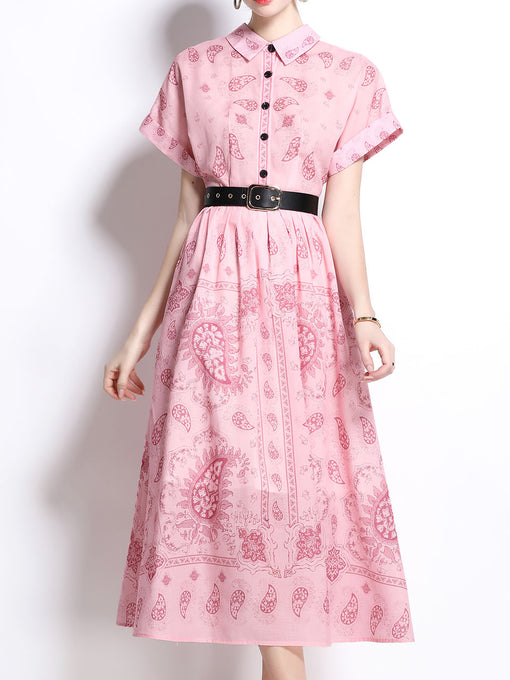 1940S Classic Shirt Collar Vintage Print Cotton Dress with Belt