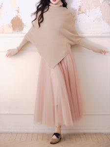 2 Piece Retro Irregular Bat Sleeve Cape Sweater and Pink Mesh Skirt Set