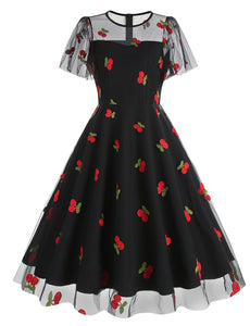 Black Semi Mesh Cherry Embroidered Short Sleevele 50S Swing Dress