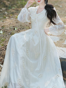 White V Neck Long Sleeved Embroidered Hollow Cotton Dress