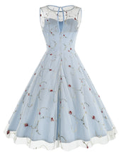 Load image into Gallery viewer, Lake Blue Semi Mesh Flower Embroidered Sleeveless 50S Swing Dress