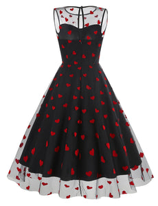 Black Semi Mesh Sweet Heart Embroidered Sleeveless 50S Swing Dress