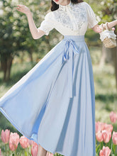 Load image into Gallery viewer, Baby Blue 1950S Vintage Embroidered Short Sleeve Shirt And Swing Skirt Set