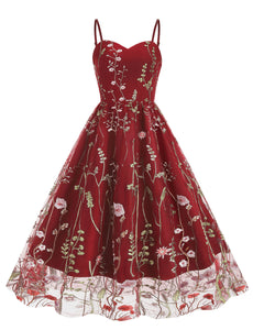 Wine Red Semi Mesh Flower Embroidered Spaghetti Strap Sleeveless 50S Swing Dress