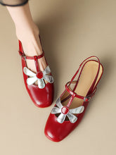 Load image into Gallery viewer, Women&#39;s  Round Toe Daisy Chunky Heel Sandals Leather Vintage Shoes