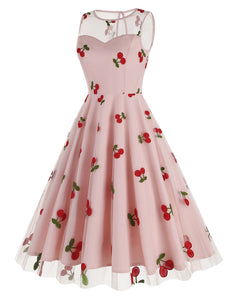 White Semi Mesh Cherry Embroidered Sleeveless 50S Swing Dress