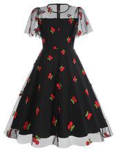 Load image into Gallery viewer, Black Semi Mesh Cherry Embroidered Short Sleevele 50S Swing Dress