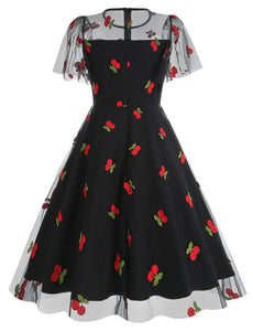 Black Semi Mesh Cherry Embroidered Short Sleevele 50S Swing Dress