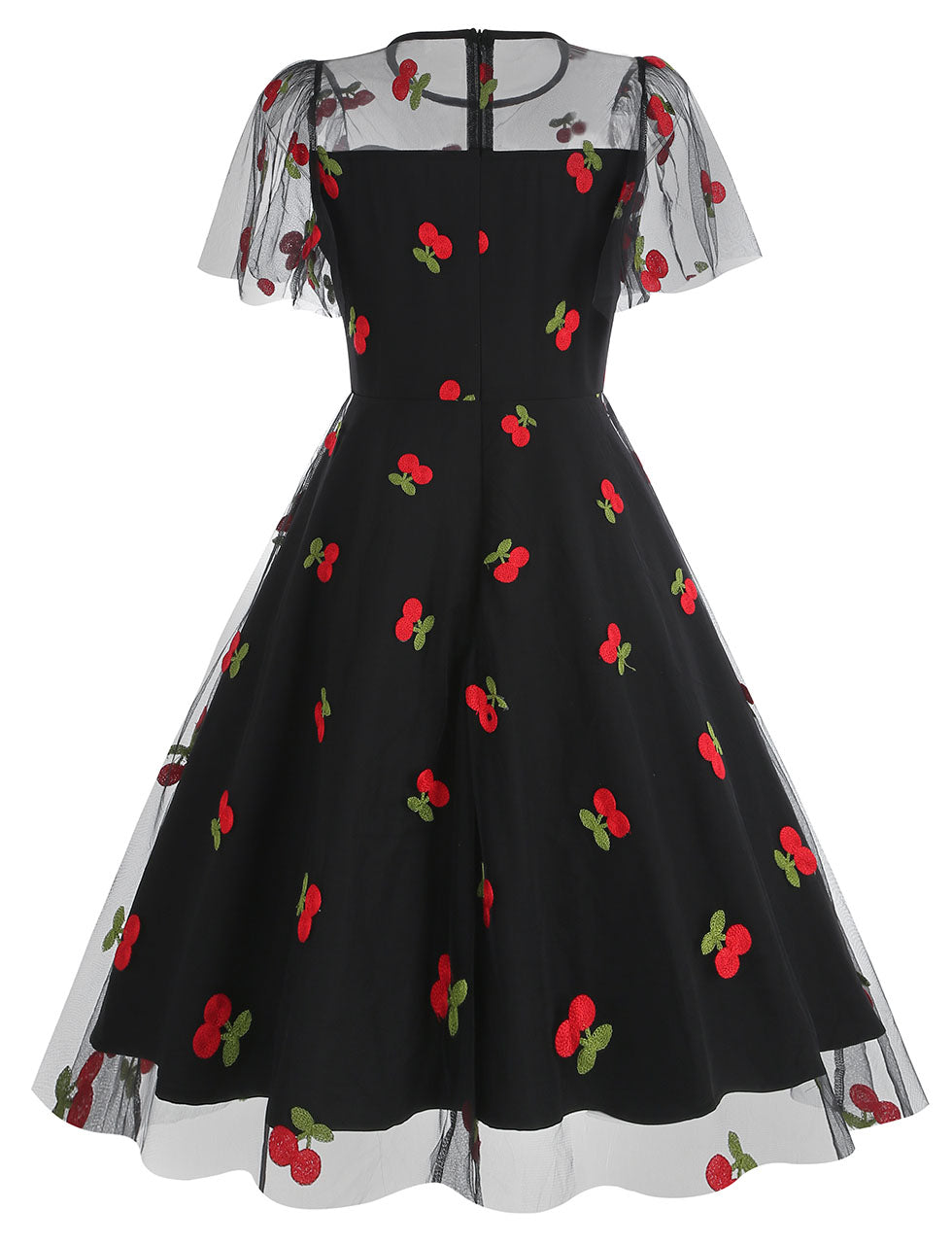 Black Semi Mesh Cherry Embroidered Short Sleevele 50S Swing Dress