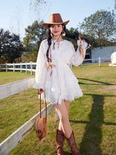 Load image into Gallery viewer, Bohemian White Long-sleeved Ruffles Mini Dress with Suede Embroidered Vest Boho Suit