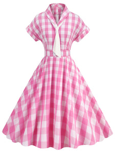 Pink And White Plaid Bow Collar Barbie Same Style 1950S Vintage Dress