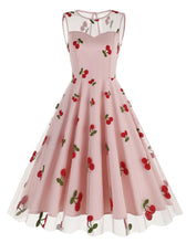 Load image into Gallery viewer, White Semi Mesh Cherry Embroidered Sleeveless 50S Swing Dress