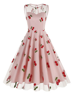 White Semi Mesh Cherry Embroidered Sleeveless 50S Swing Dress