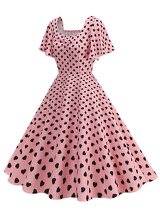 Pink Square Neck Sweet Heart Swing 1950S Vintage Dress