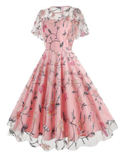 Load image into Gallery viewer, Lake Blue Semi Mesh Rose Embroidered Short Sleeve 50S Swing Dress