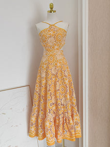 Yellow Lace Flower Halter Backless Swing Dress