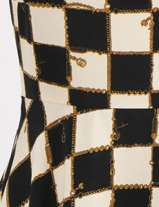 Black Checkerboard Print Halter Backless 1950S Vintage Swing Dress