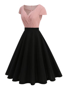 Pink and Black V Neck Cap Sleeve Swing 1950S Vintage Dress