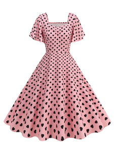 Pink Square Neck Sweet Heart Swing 1950S Vintage Dress