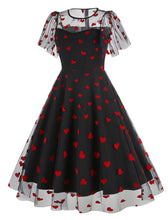 Load image into Gallery viewer, Black Semi Mesh Sweet Heart Embroidered Short Sleeve 50S Swing Dress