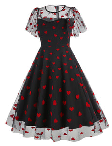 Black Semi Mesh Sweet Heart Embroidered Short Sleeve 50S Swing Dress