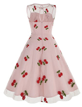 Load image into Gallery viewer, White Semi Mesh Cherry Embroidered Sleeveless 50S Swing Dress