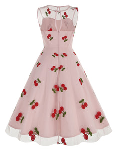 White Semi Mesh Cherry Embroidered Sleeveless 50S Swing Dress