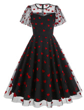 Load image into Gallery viewer, Black Semi Mesh Sweet Heart Embroidered Short Sleeve 50S Swing Dress